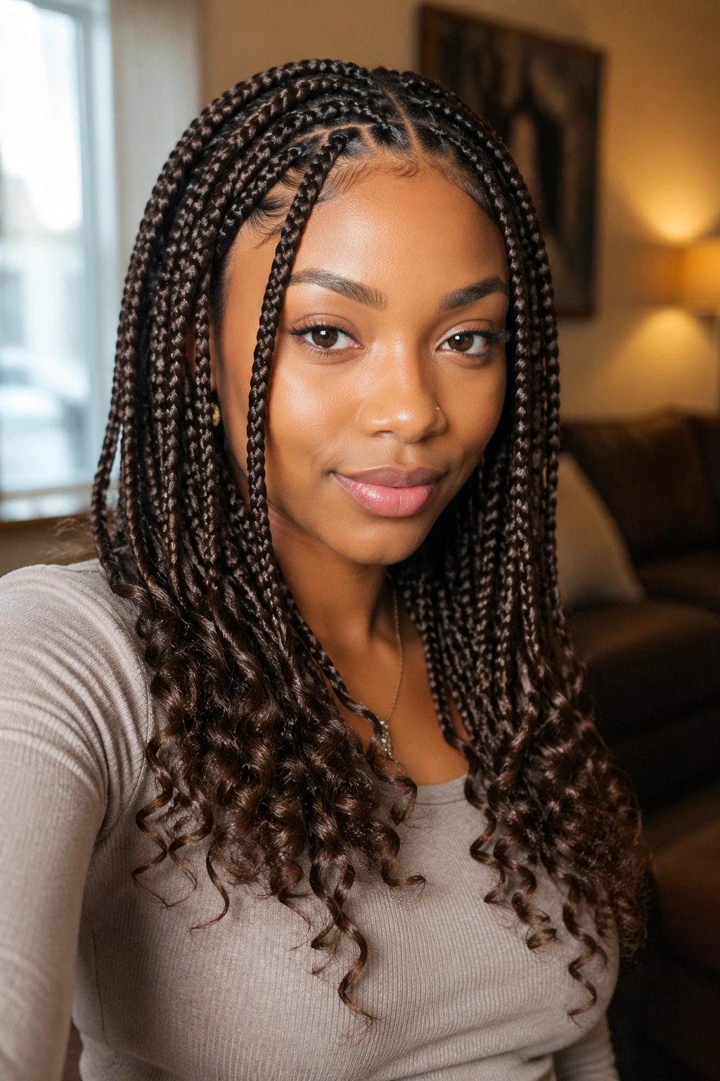 Portrait of a woman with medium feed-in box braids ending in curls.
