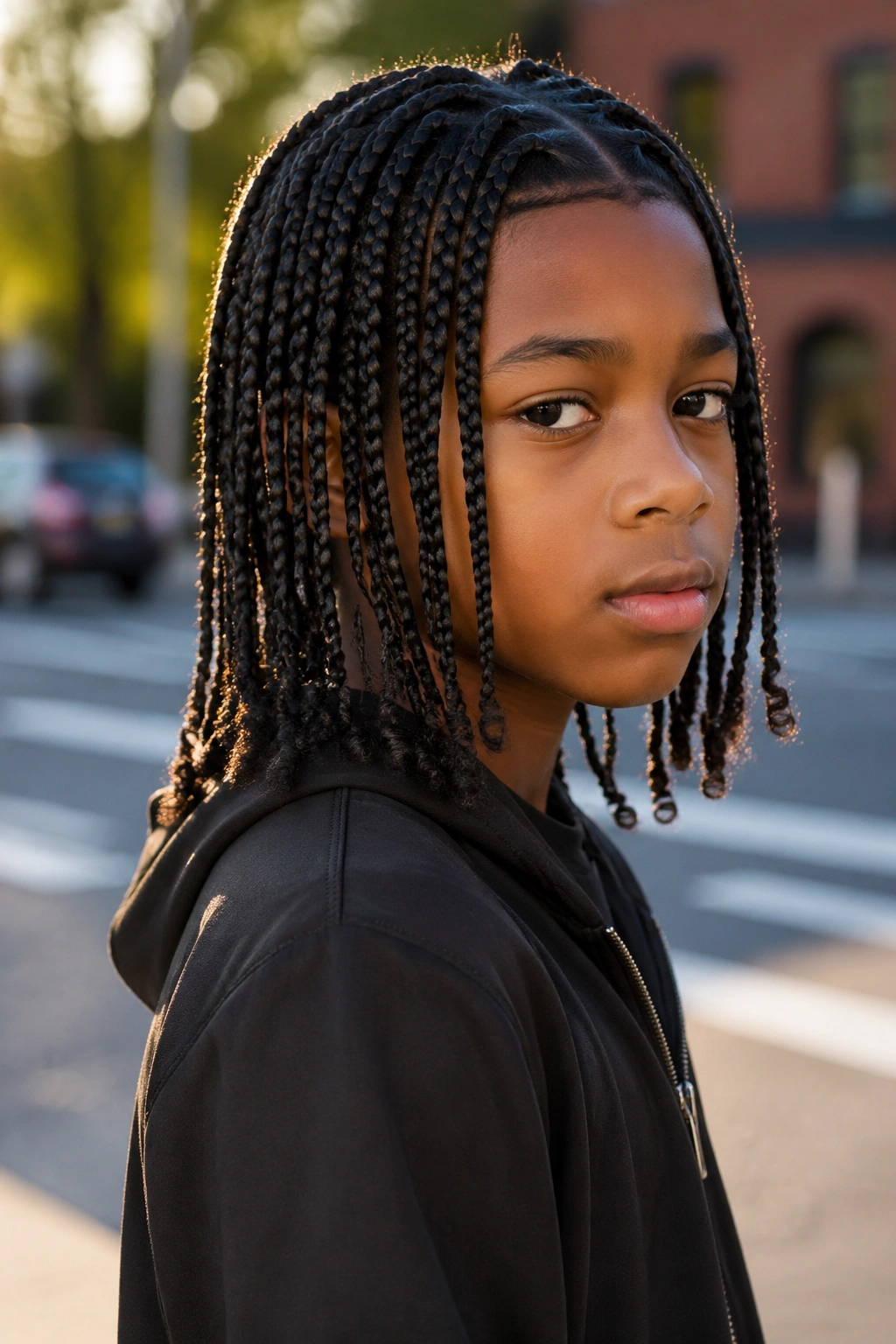 Close-up of a real boy with curly-end medium box braids