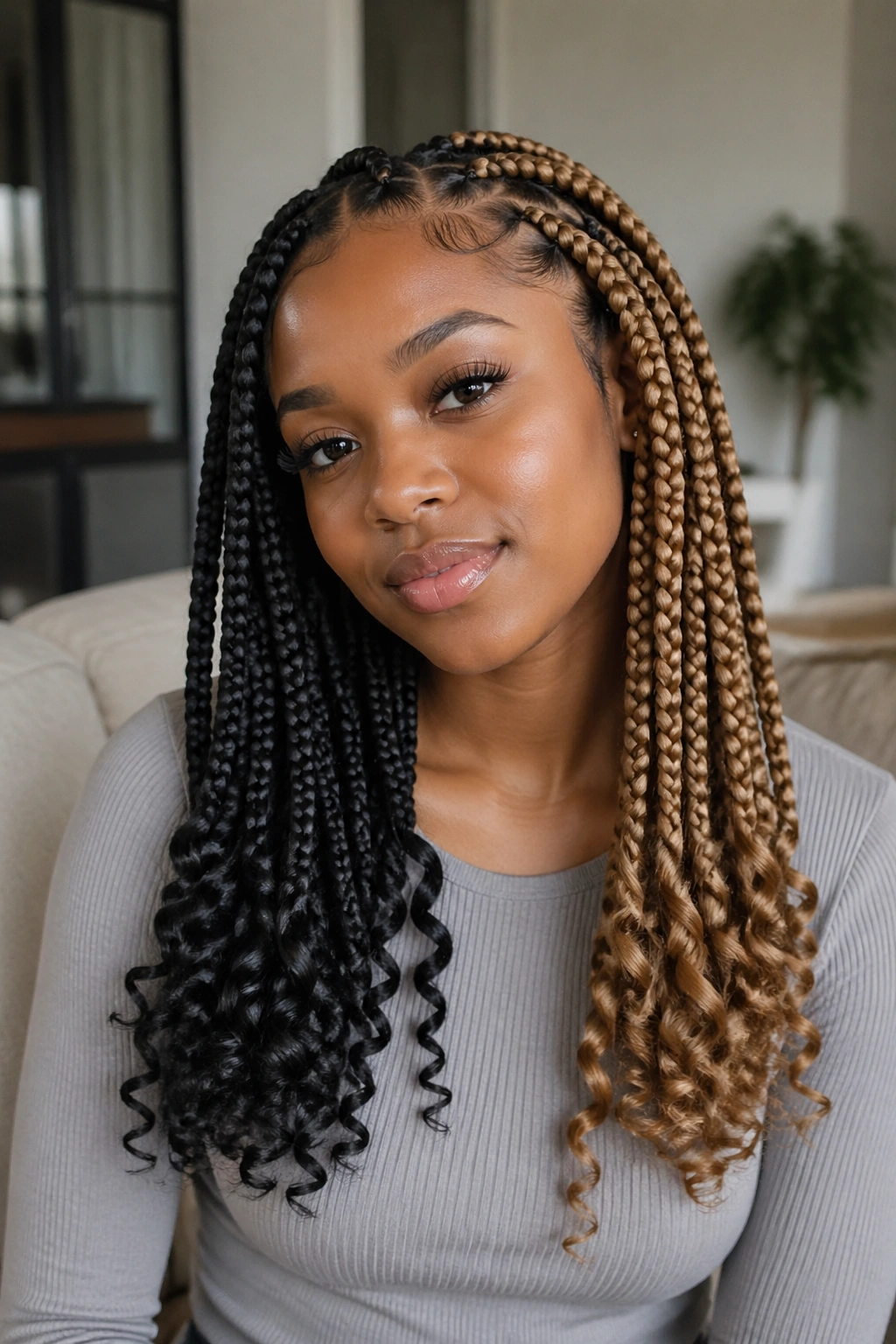 Close-up of jumbo braids with curly human-hair ends on split-color style.