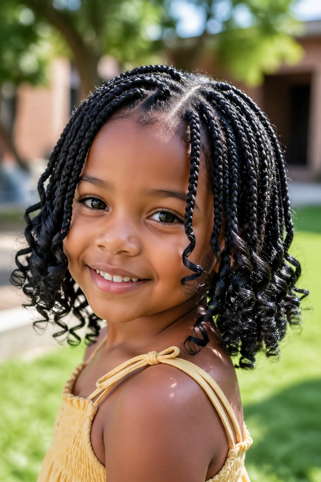 Close-up of a child’s short box braids with curly ends in a sunny outdoor setting