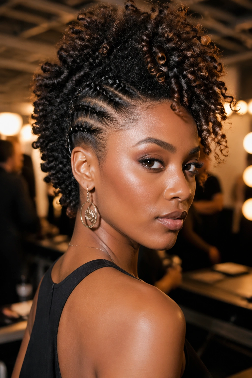 Real person with curly faux hawk hairstyle in backstage lighting
