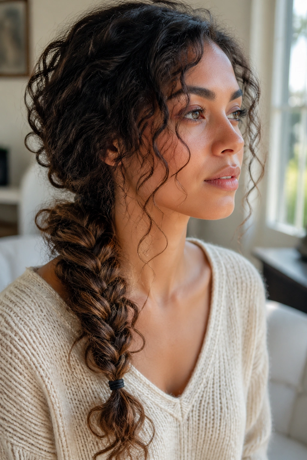 Curly-haired woman with messy fishtail braid in soft light