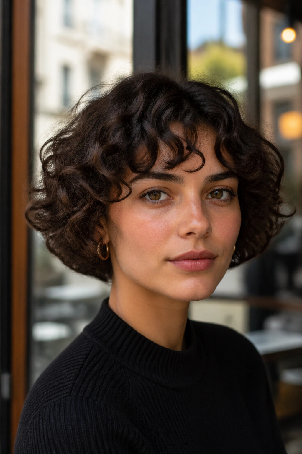 Portrait of a woman with a curly French bob by a cafe window