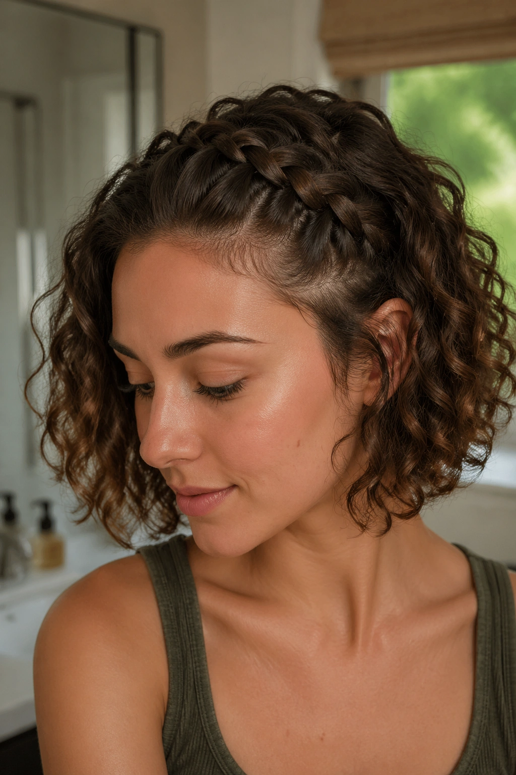 Close-up of a real woman with a curly bob and a French braid