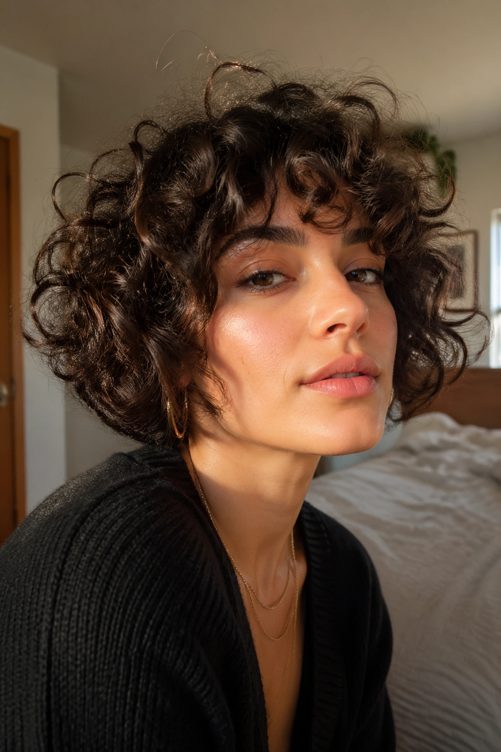 Portrait of a real person with a curly grunge bob in a cozy bedroom with window light