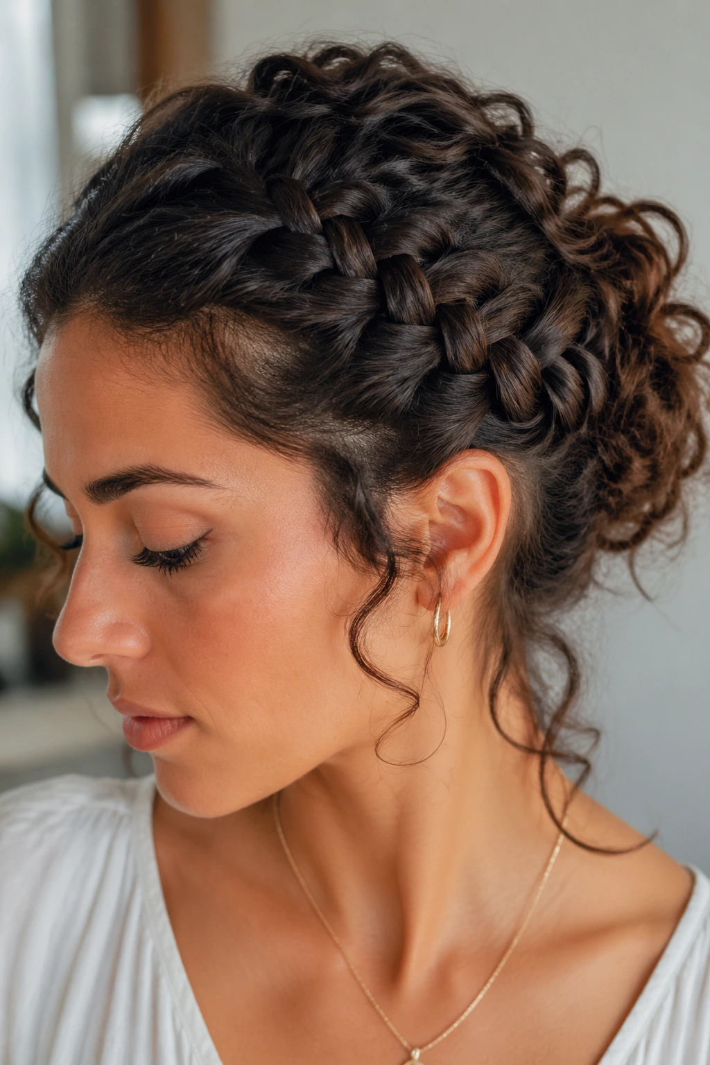 Portrait of a real woman with Curly-Hair French Braid Bun in natural light.