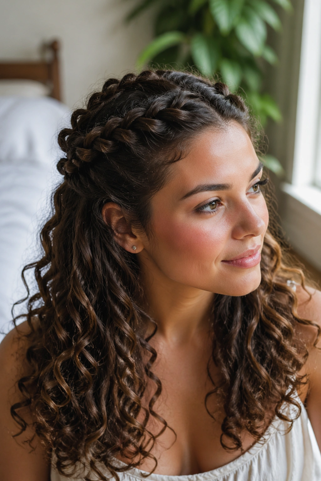 Close-up of a real woman with curly hair wearing a loosely braided crown half-up