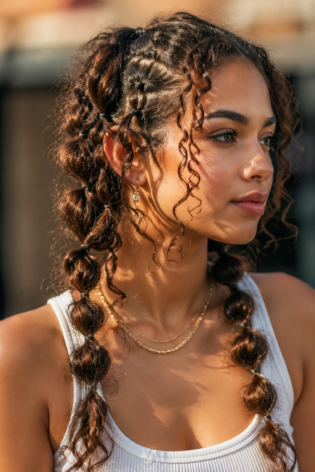 Close-up portrait of a real person with curly hair styled into bubble braids