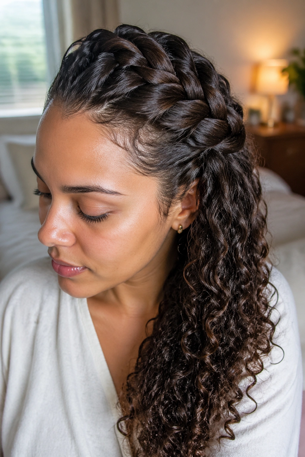 Close-up of a real person with curly hair styled into a crown French braid.