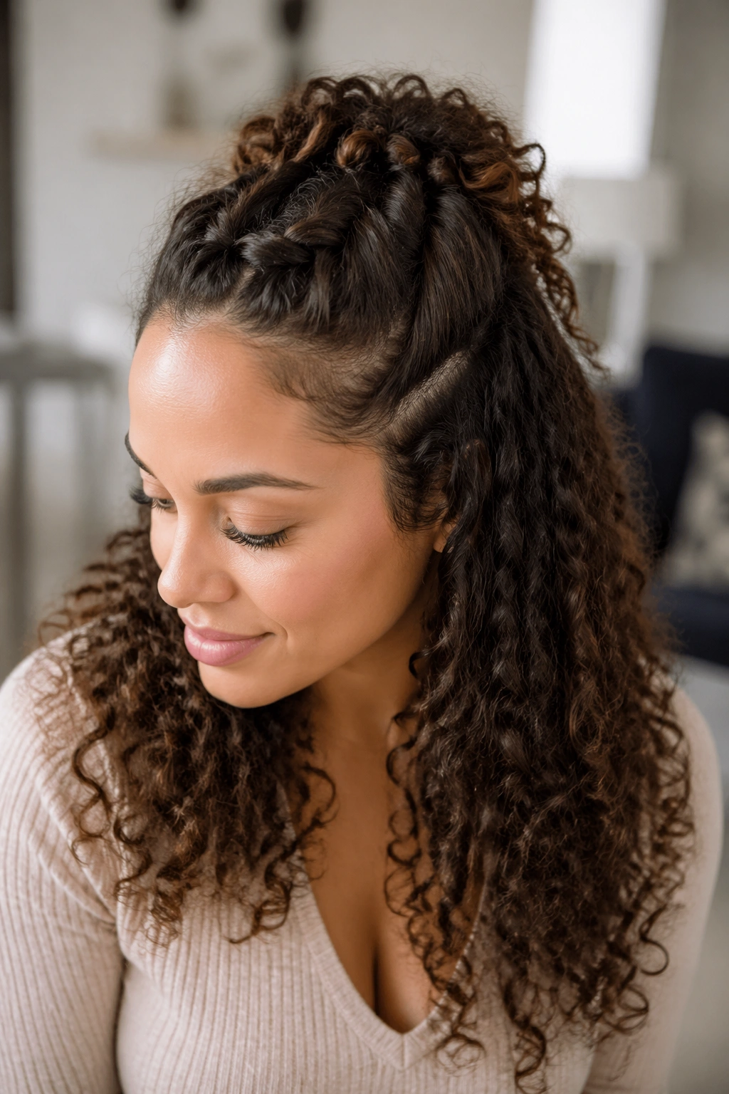 Real woman with curly hair showing a top half-up Dutch braid lifting the crown