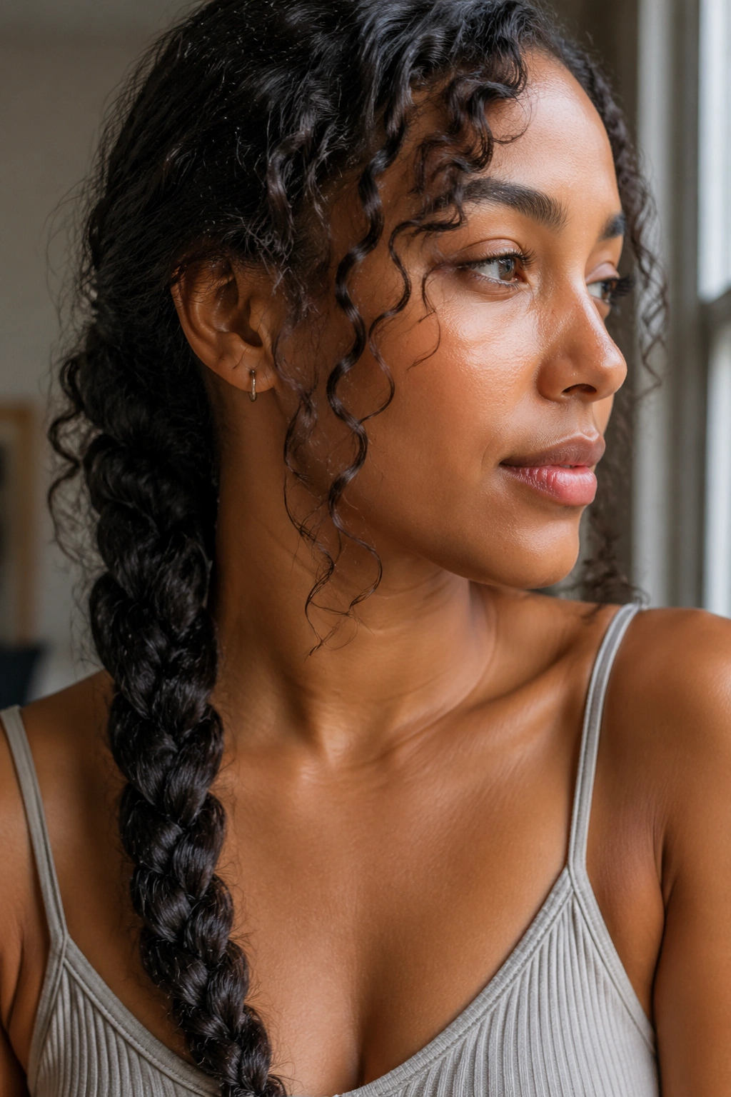 Close-up of a real woman with a single braid on curly hair
