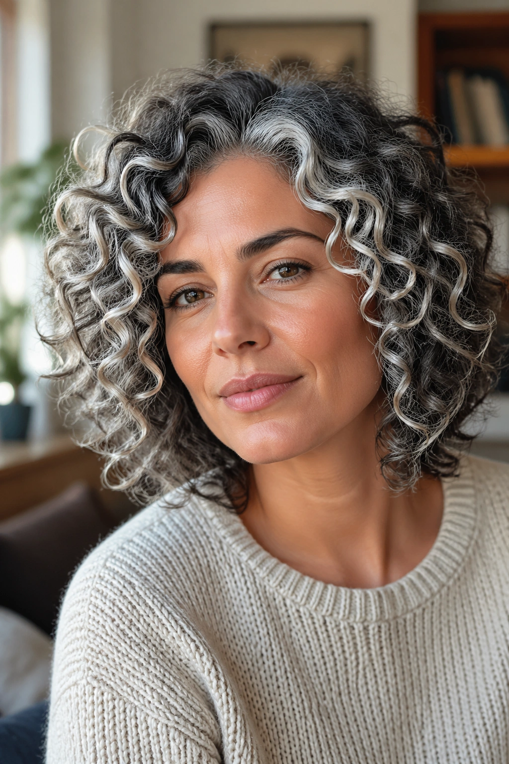 Close-up of curly hair with white highlights following curl curves on a real person