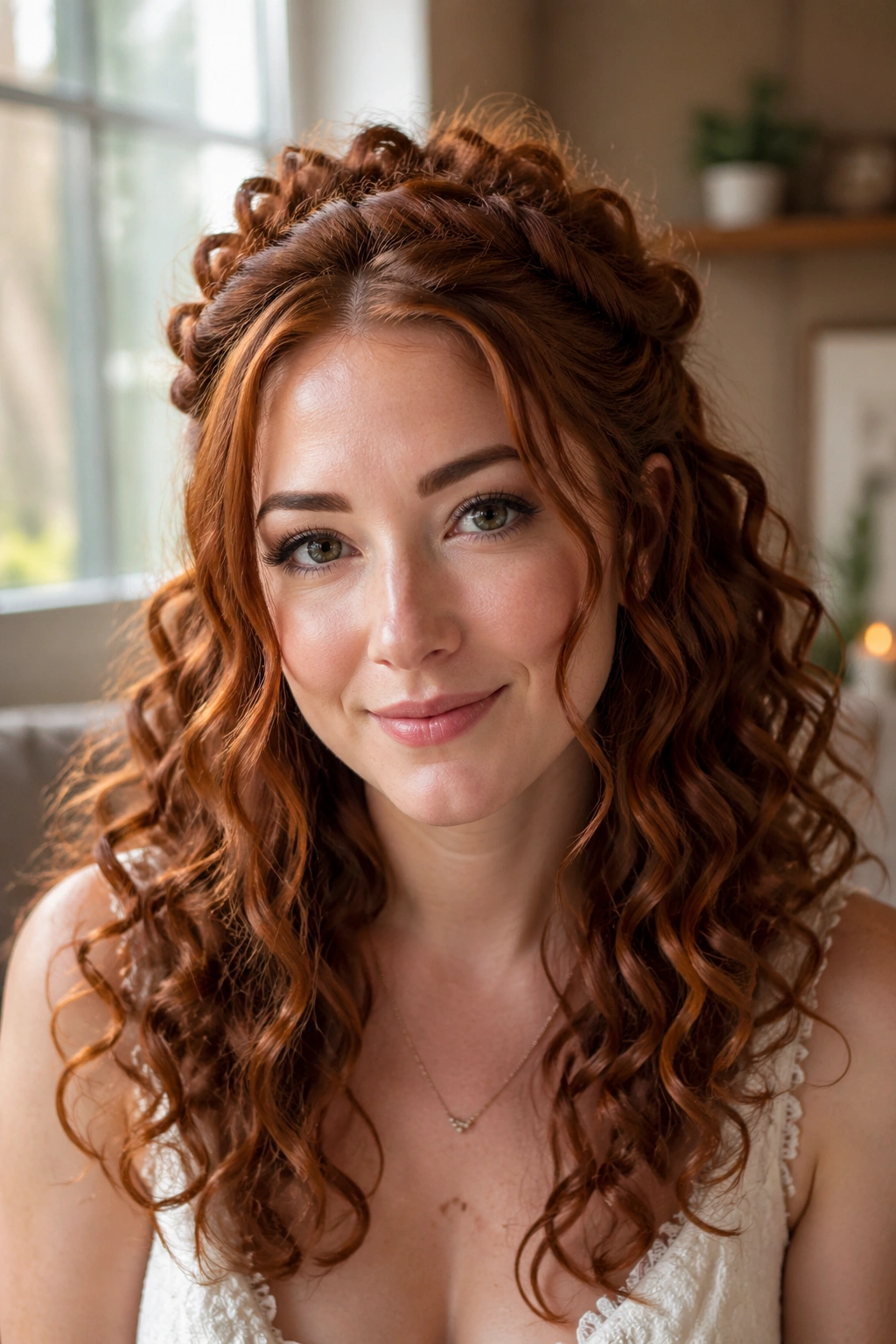 Close-up of curly half-up halo with warm red tones on real hair