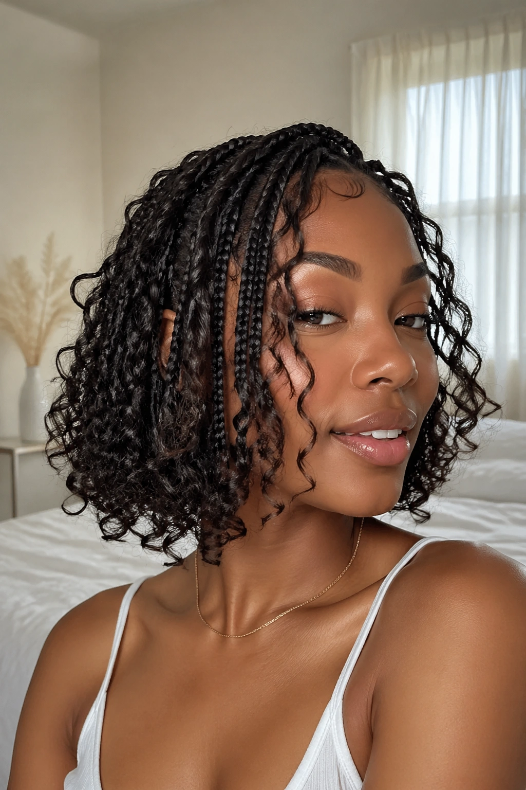 Close-up of a real woman with curly-heavy short boho box braids around the face