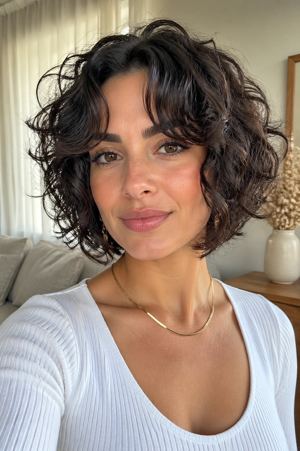 Real woman with curly inverted bob and curtain bangs in a cozy living room