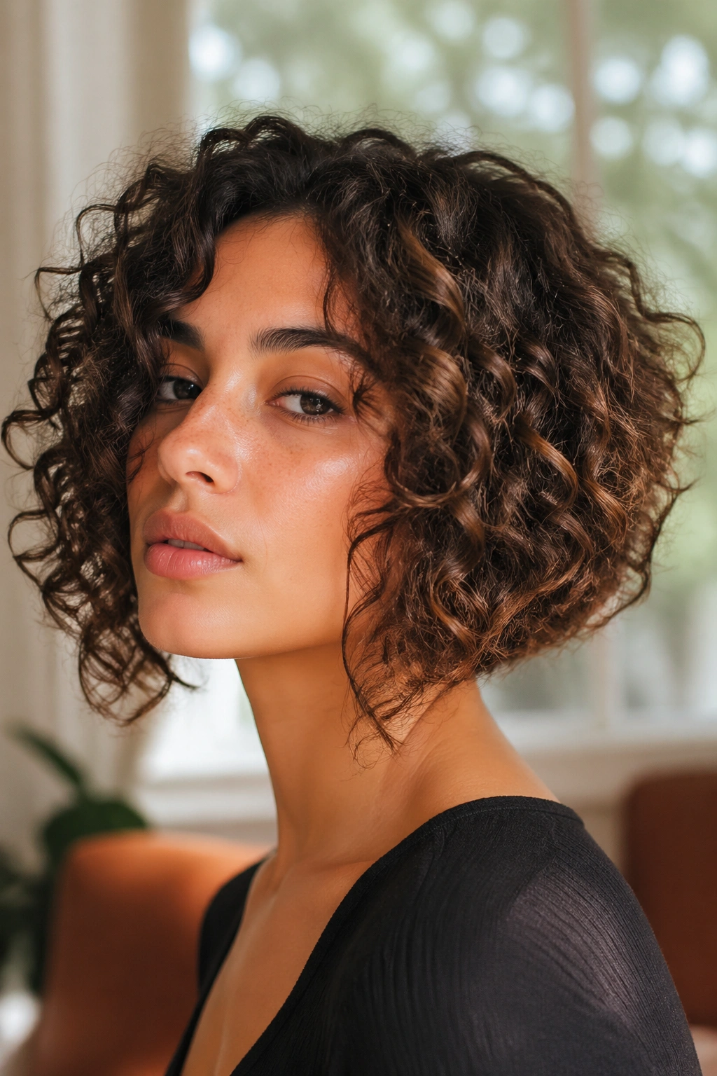Close-up portrait of a real woman with mixed curl patterns in a curly inverted bob, in warm window light.