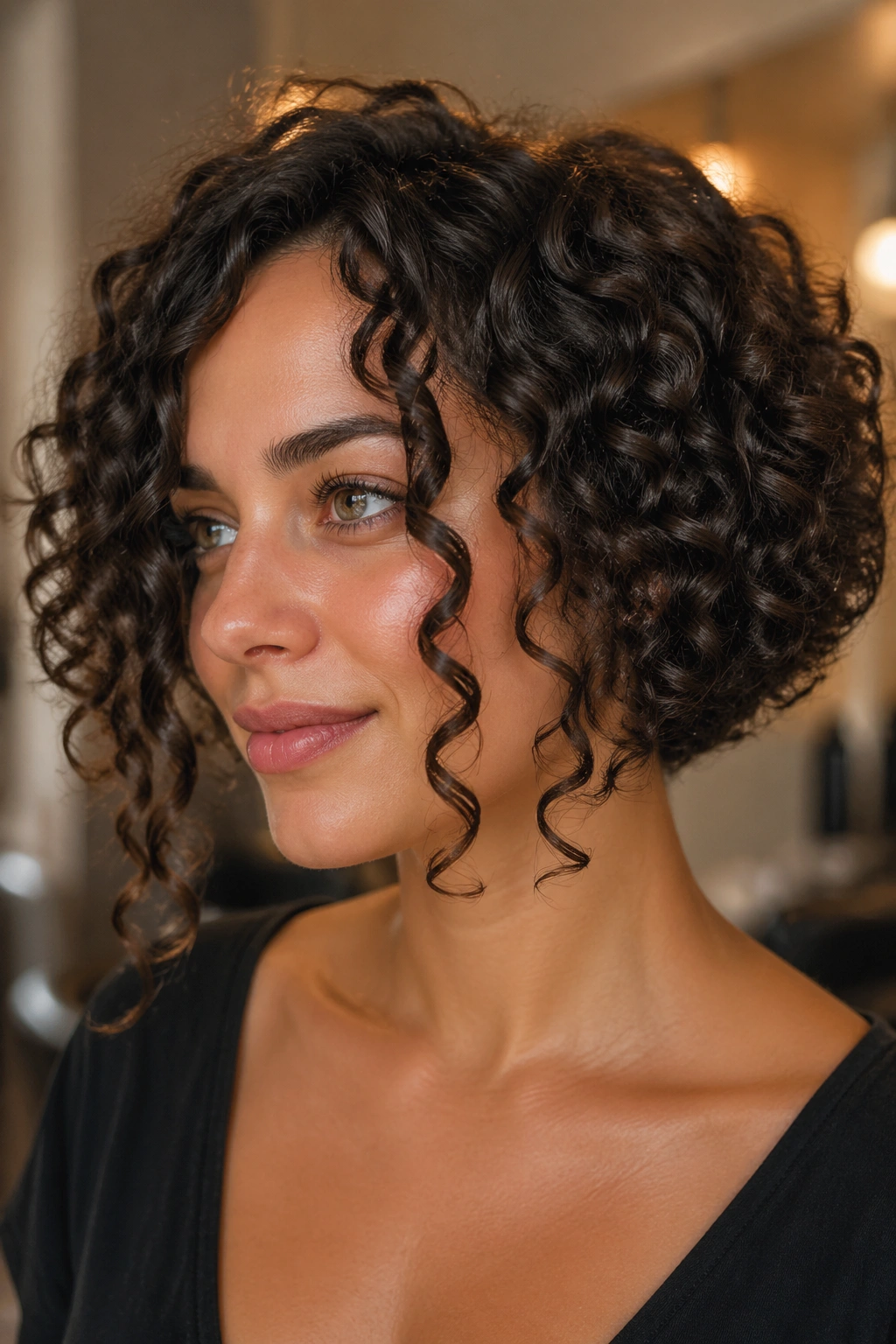 Close-up of a real woman with face-framing spiral curls in a curly inverted bob.