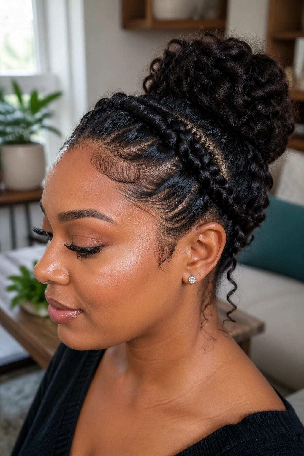 Real woman with curly lace braid bun preserving texture, in a sunlit room