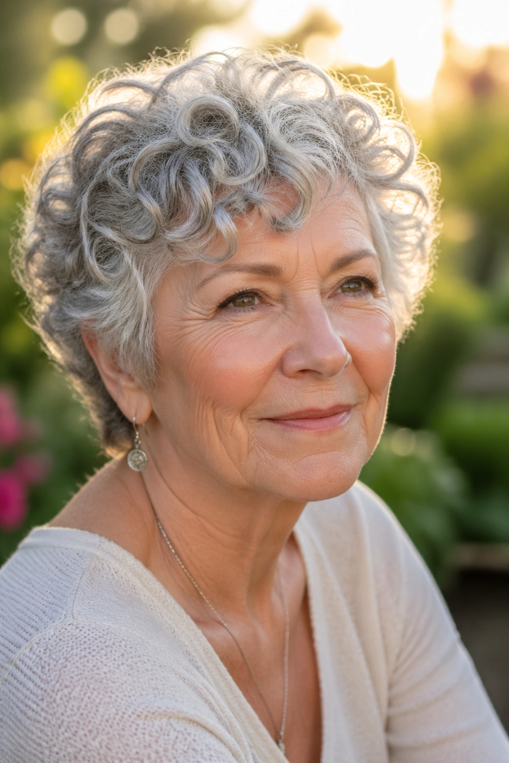 Real woman with curly layered crop and springy curls in garden light