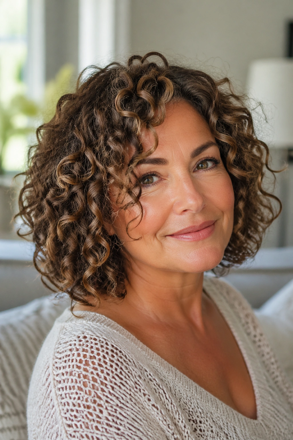 Close-up portrait of a real woman with defined curly ringlets in a curly lob.