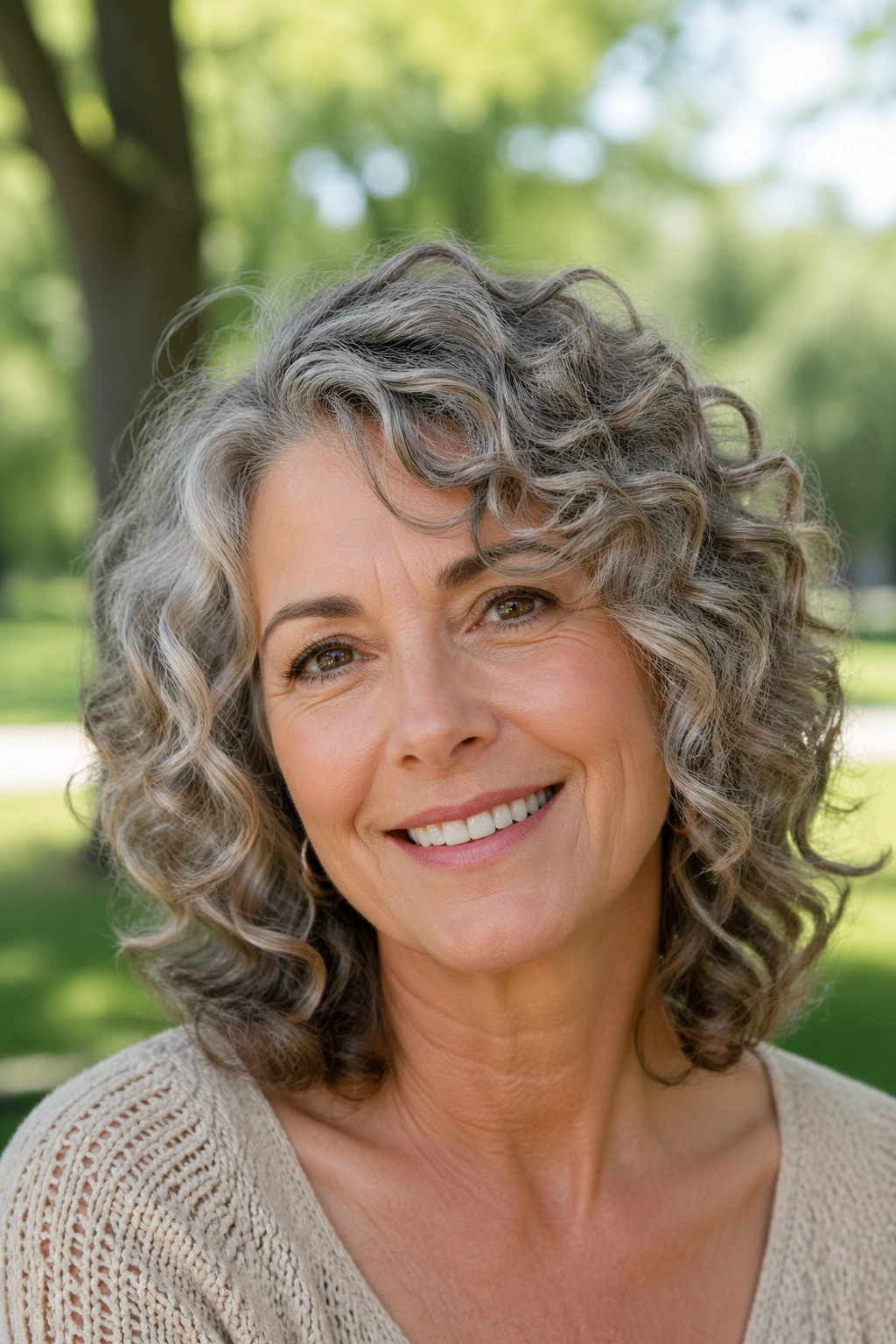 Portrait of a real woman with curly mid-length hair and layers