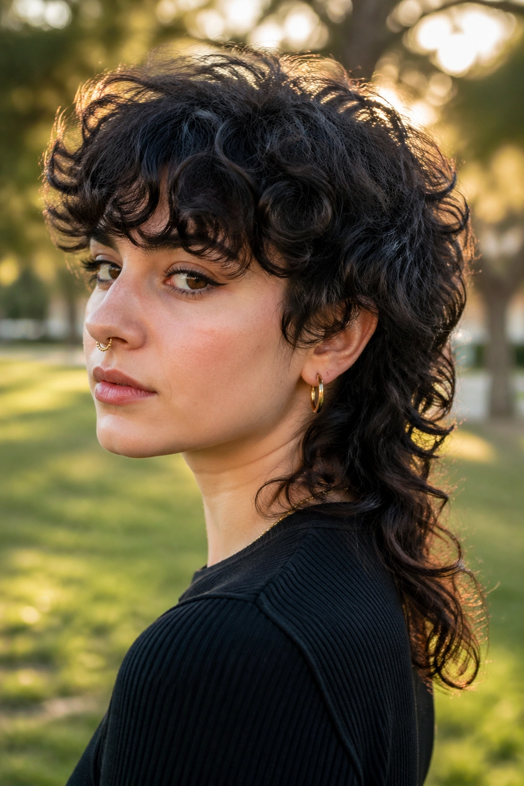 Close-up portrait of a real person with curly shaggy mullet and airy back ends in a sunlit park