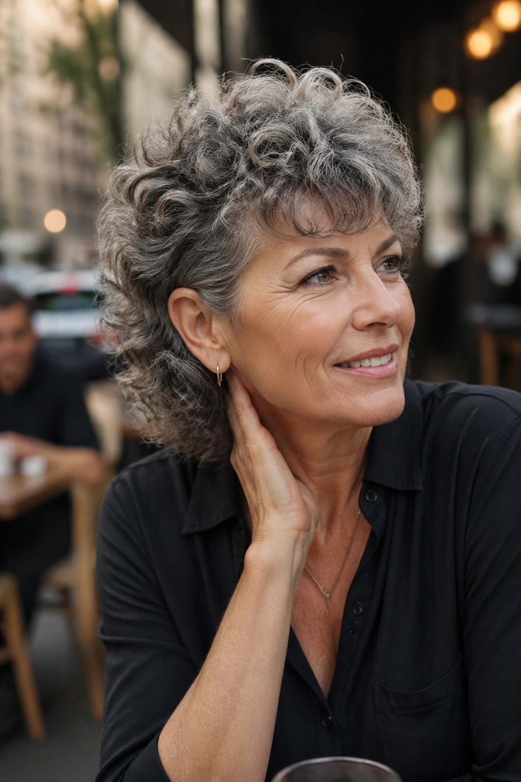 Three-quarter portrait of a real woman with curly mullet lite hairstyle