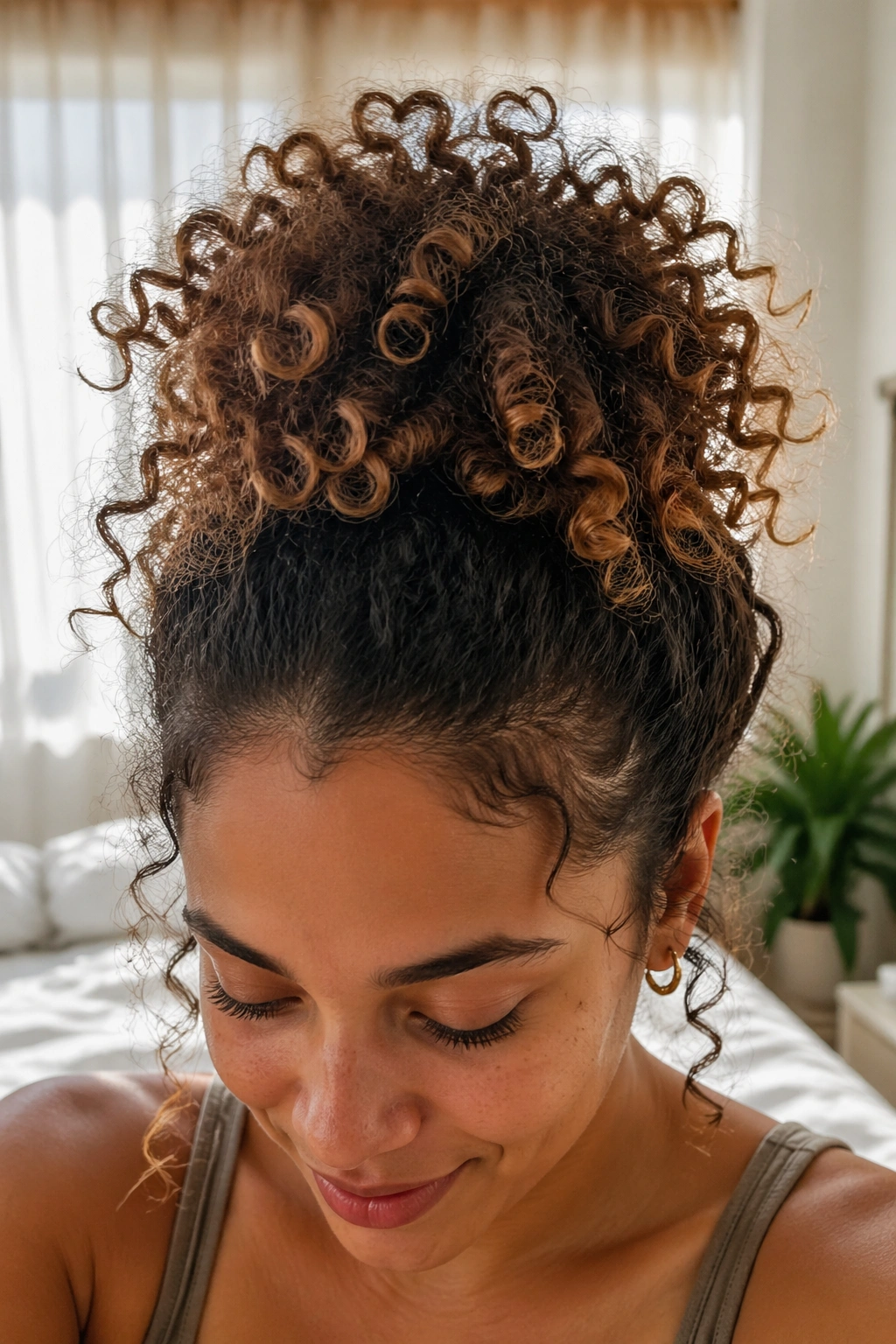 Top view close-up of a woman with a curly pineapple bun