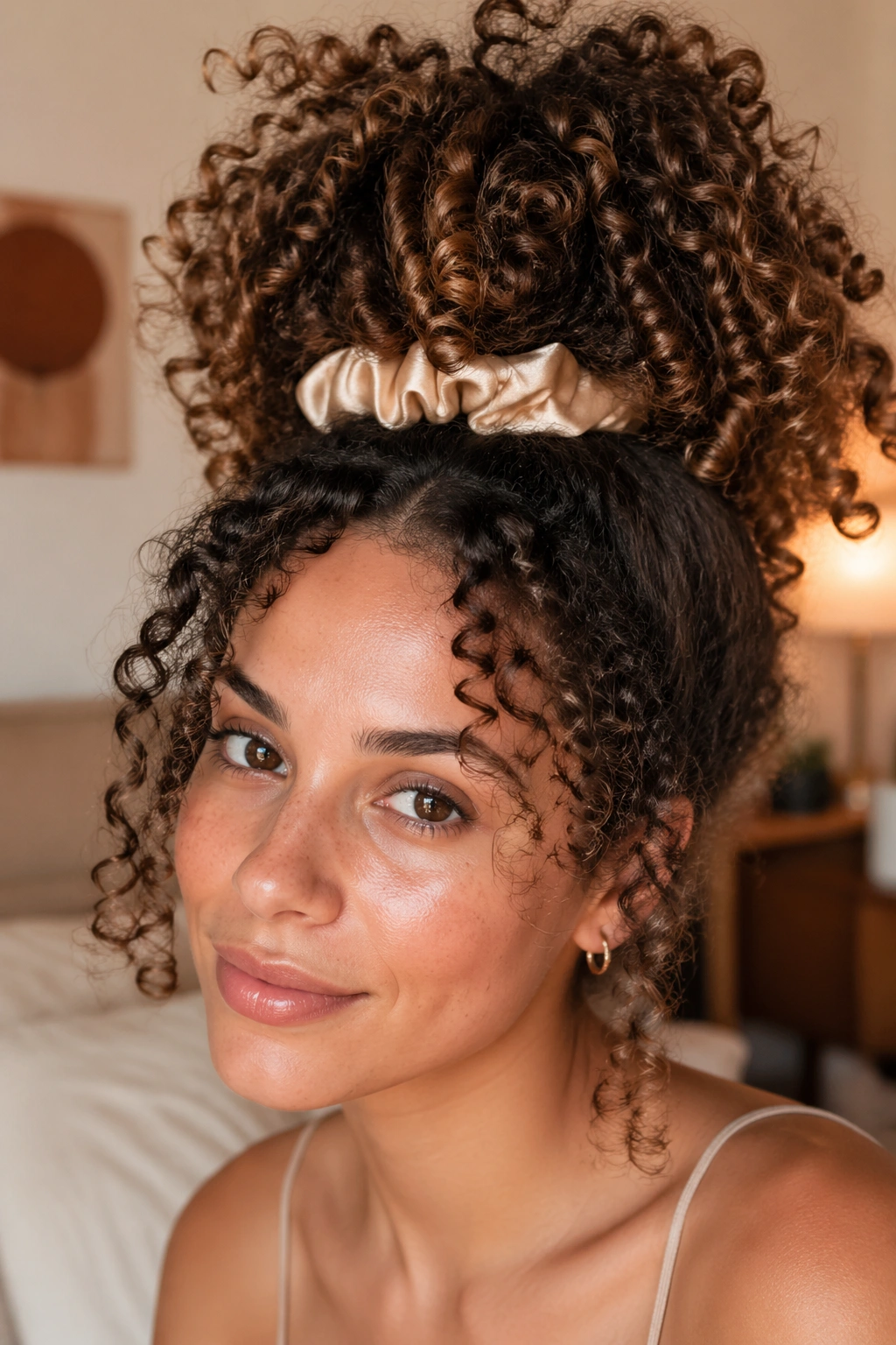 Close-up of curly pineapple updo on real woman with curls piled high
