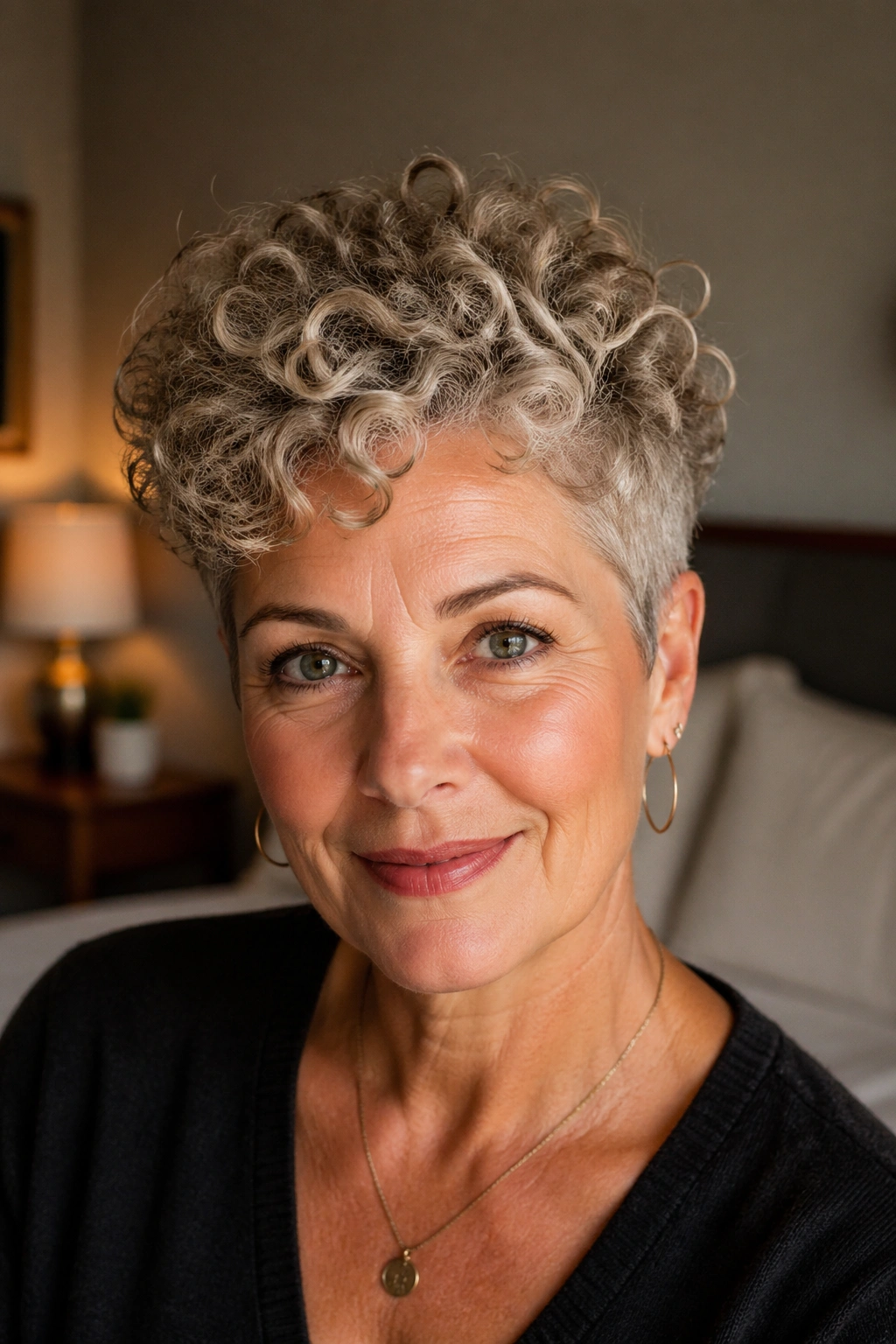 Real woman with curly pixie hairstyle