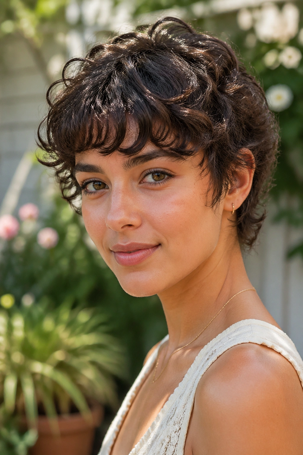 Close-up of a person with curly pixie and airy bangs in morning light