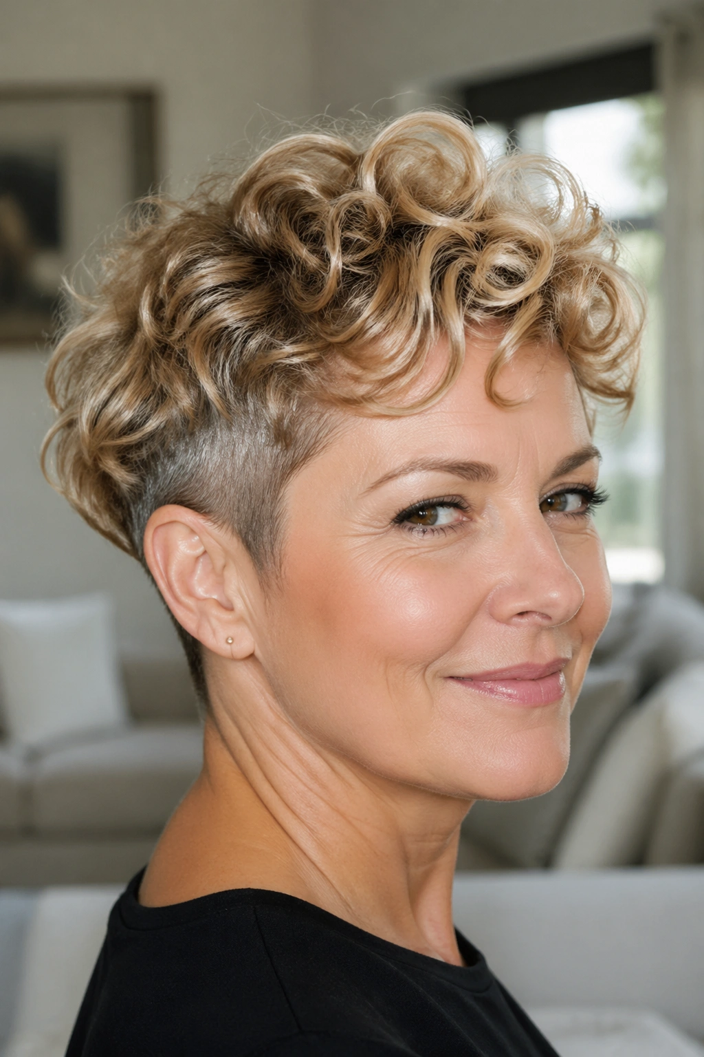 Close-up of a real woman with curly blonde pixie and defined sides