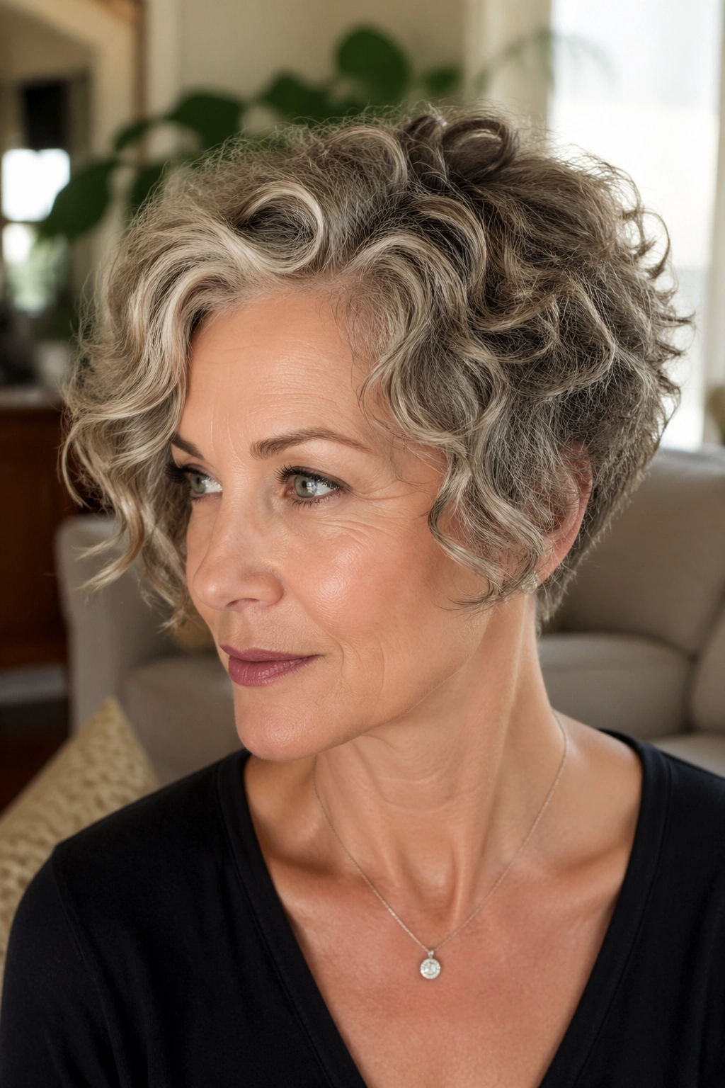 Close-up of real woman with curly pixie-bob hybrid, face framed by curls