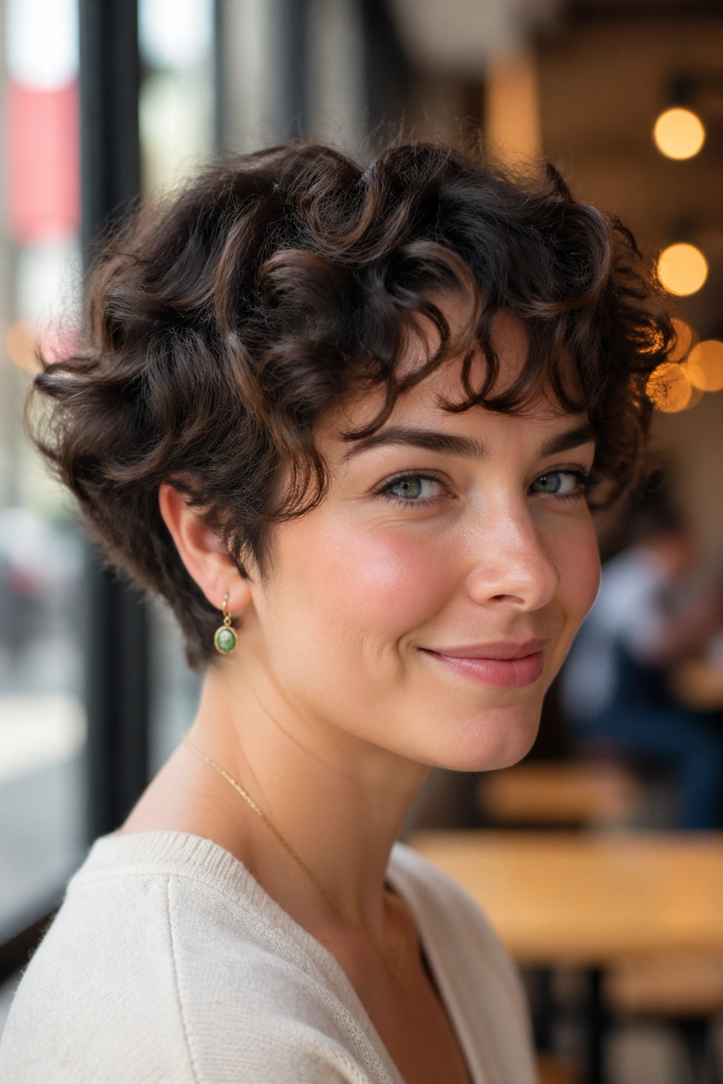 Close-up of a real person with a curly pixie bob showing lifted crown and rounded silhouette