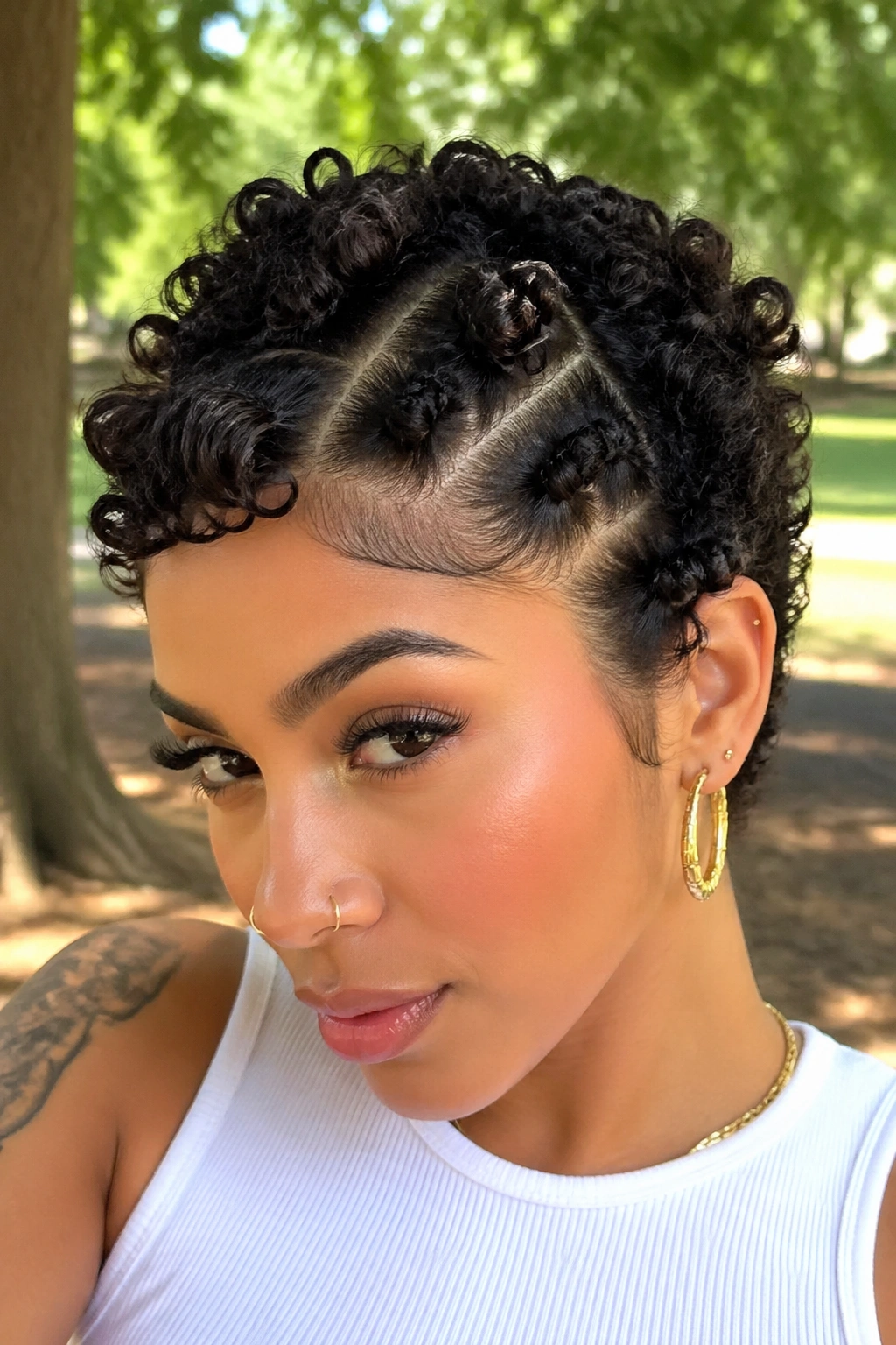Close-up of curly pixie with defined bubble puffs.