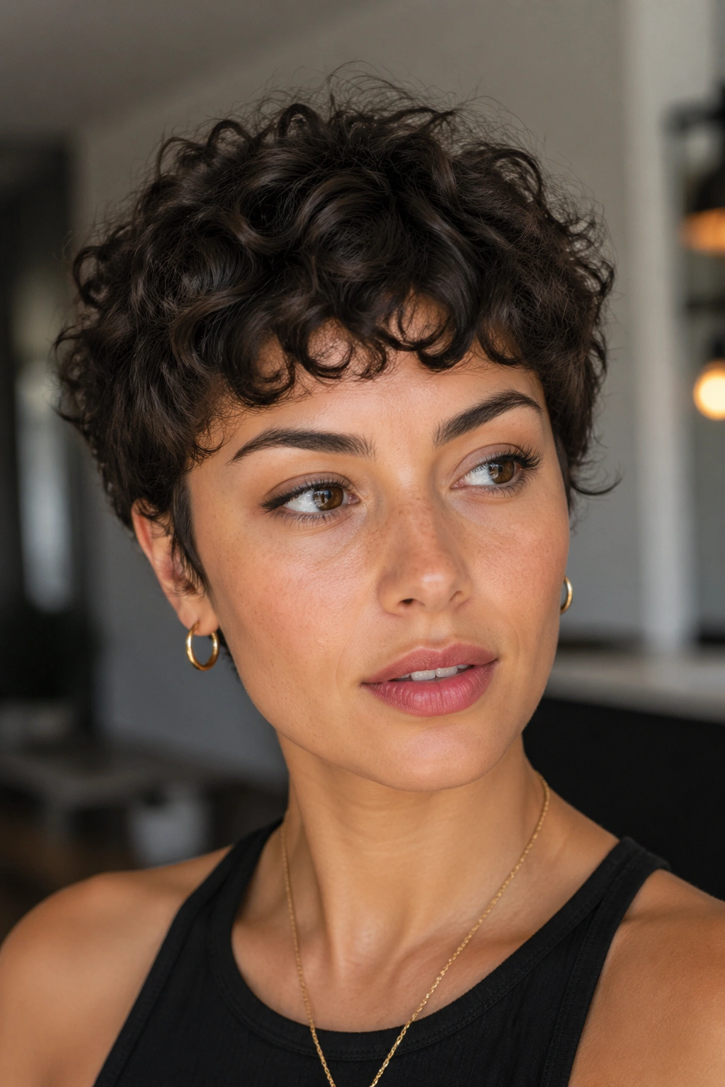 Close-up of a real woman with a curly pixie and cropped fringe in soft indoor light