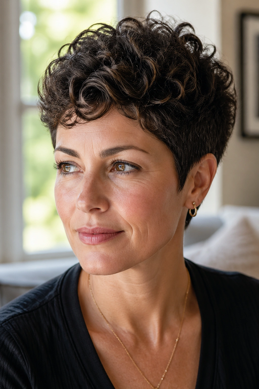Close-up of a real woman with Curly Pixie With Crown Lift, lifted crown for fuller silhouette