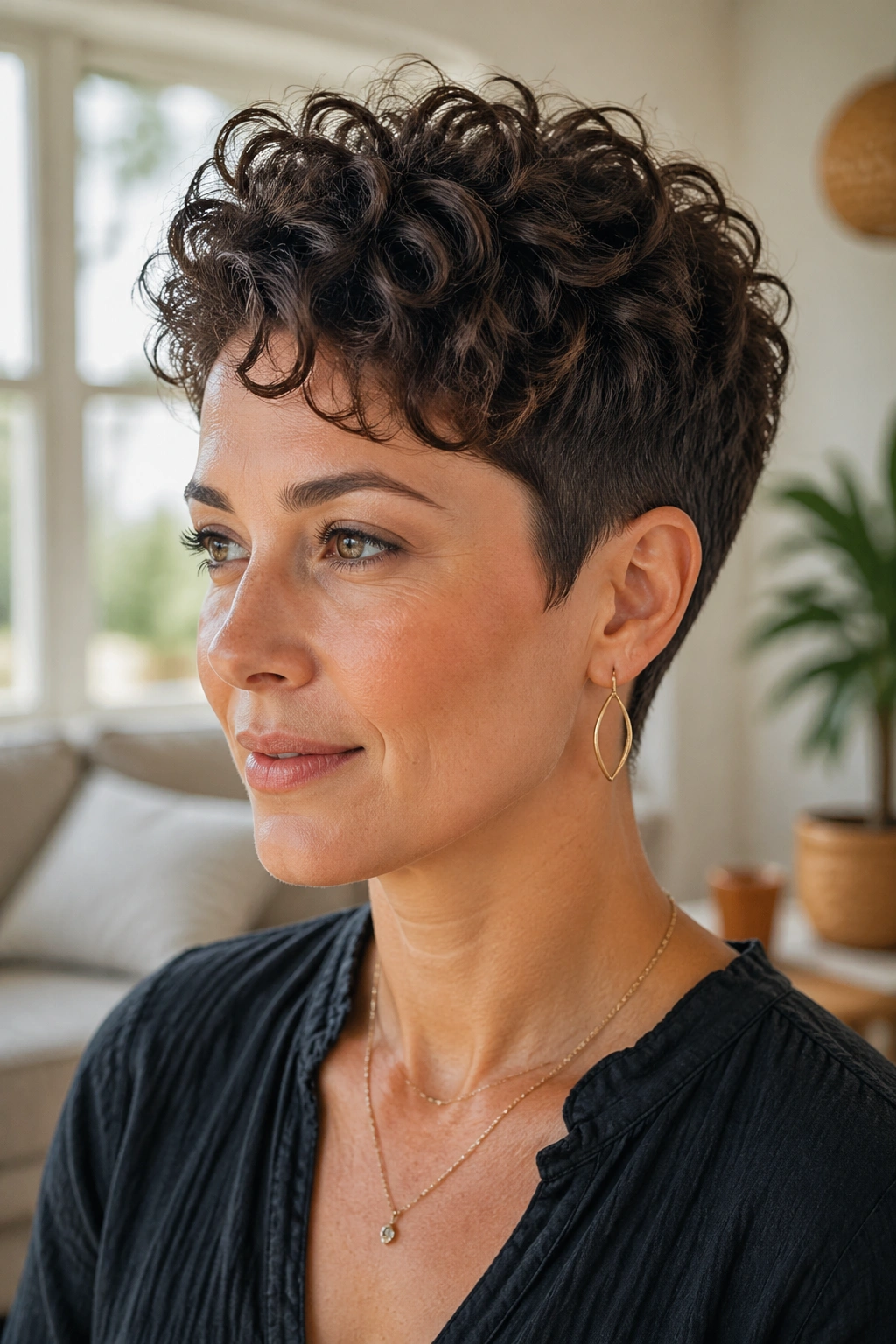 Close-up of a real woman with a curly pixie and crown lift in a sunlit room