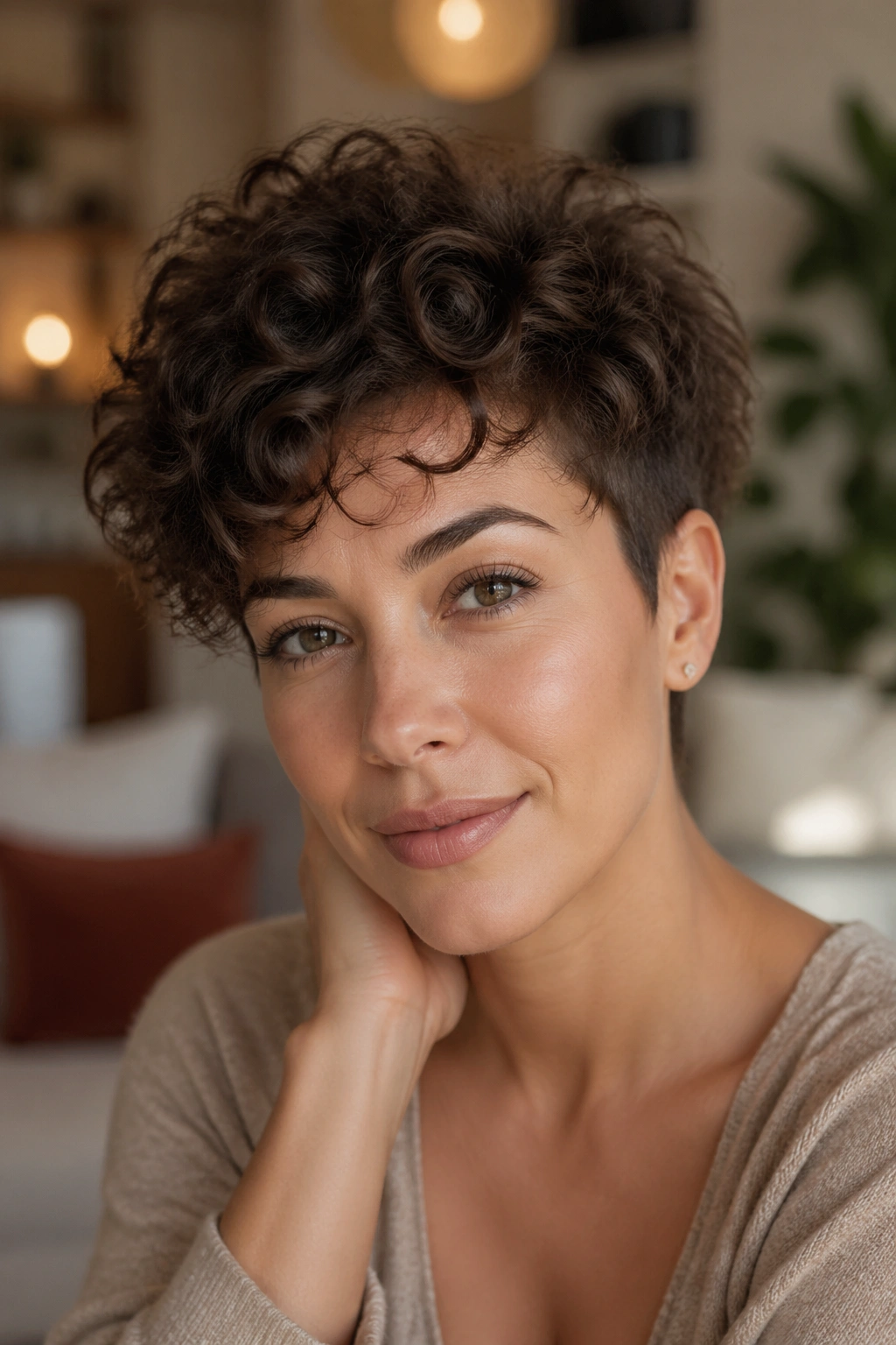 Close-up portrait of a real woman with curly pixie and soft crown