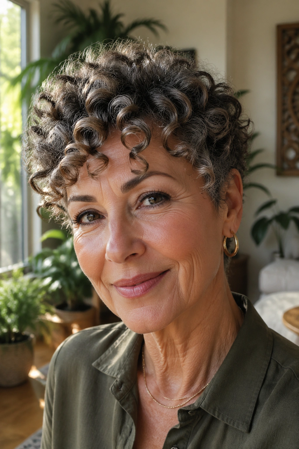 Portrait of a woman with a curly pixie featuring defined ringlets.