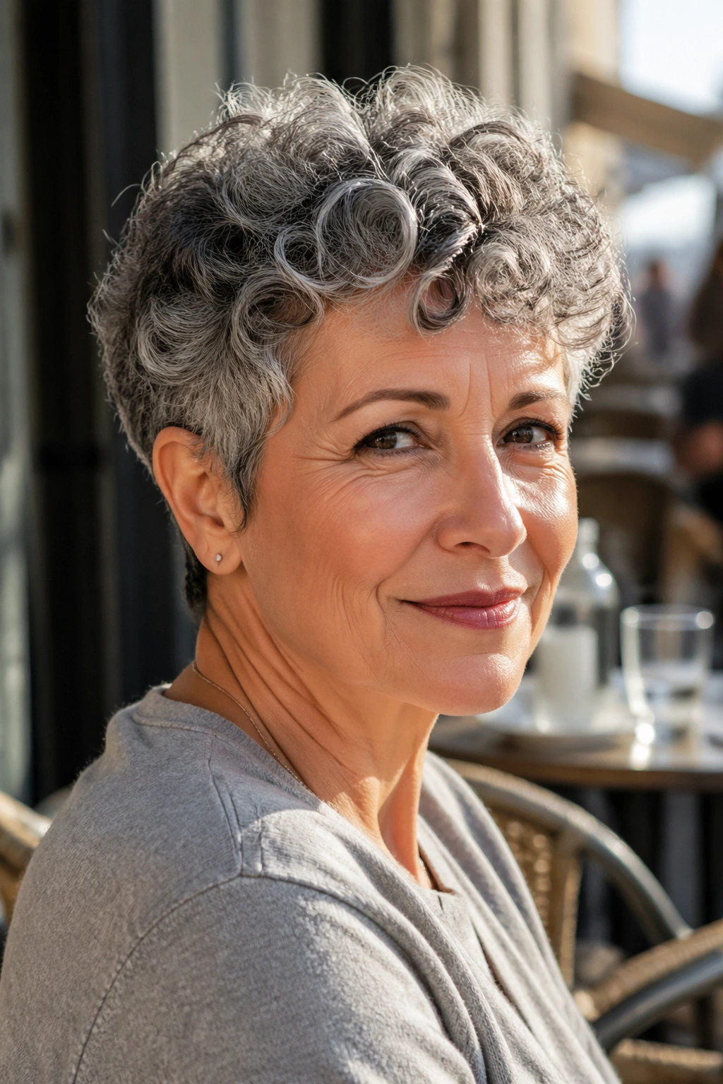 Close-up portrait of a real woman with curly pixie hair in a sunlit cafe setting