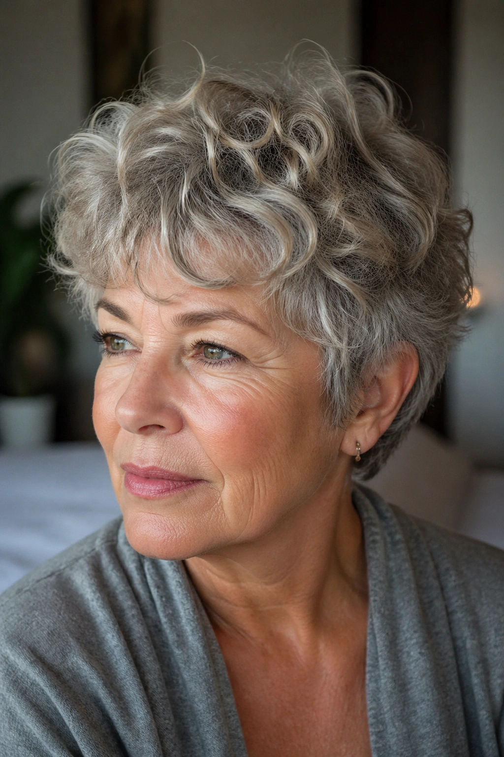 Close-up of a 60+ woman with curly shaggy pixie and halo layers.