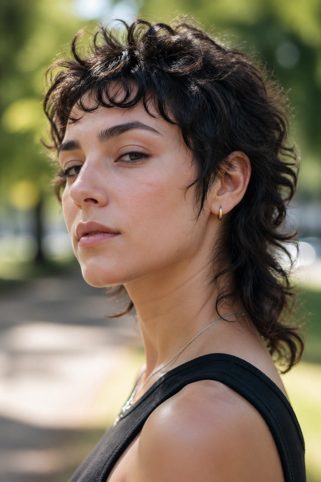 Close-up of a real person with curly pixie mullet and shaggy ends in a park