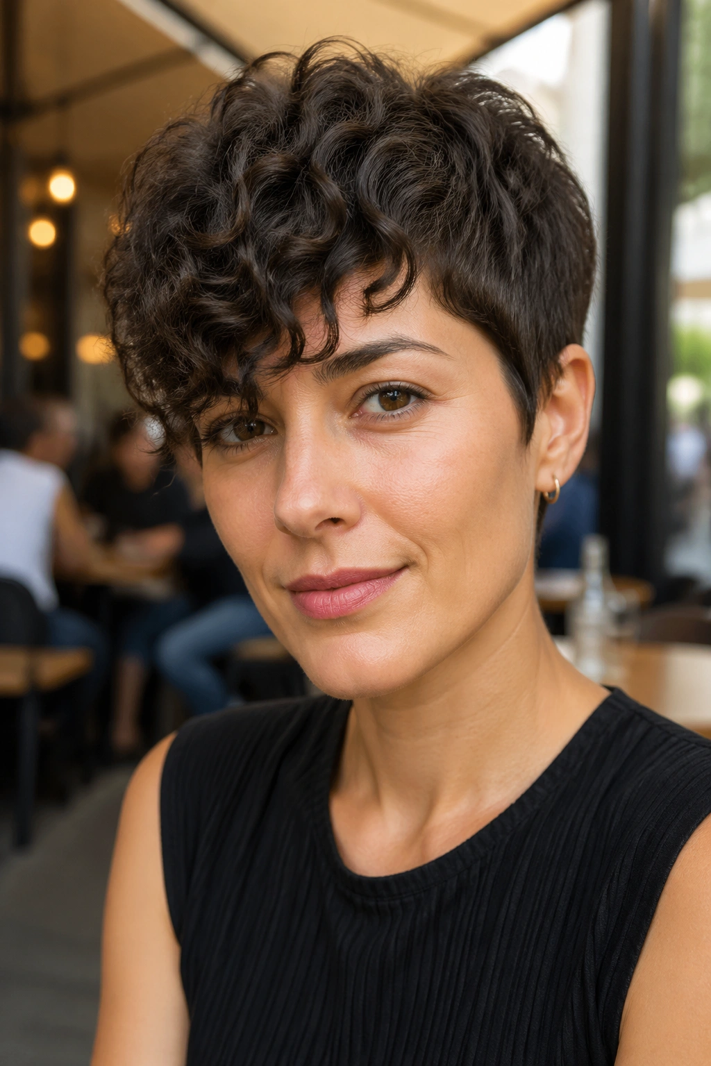 Close-up of a real person with curly pixie perm and long fringe