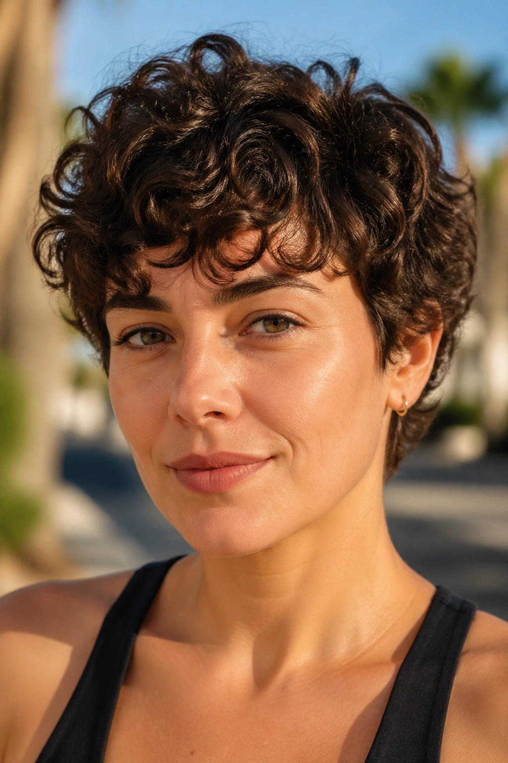 Portrait of a real woman with curly pixie and soft layers