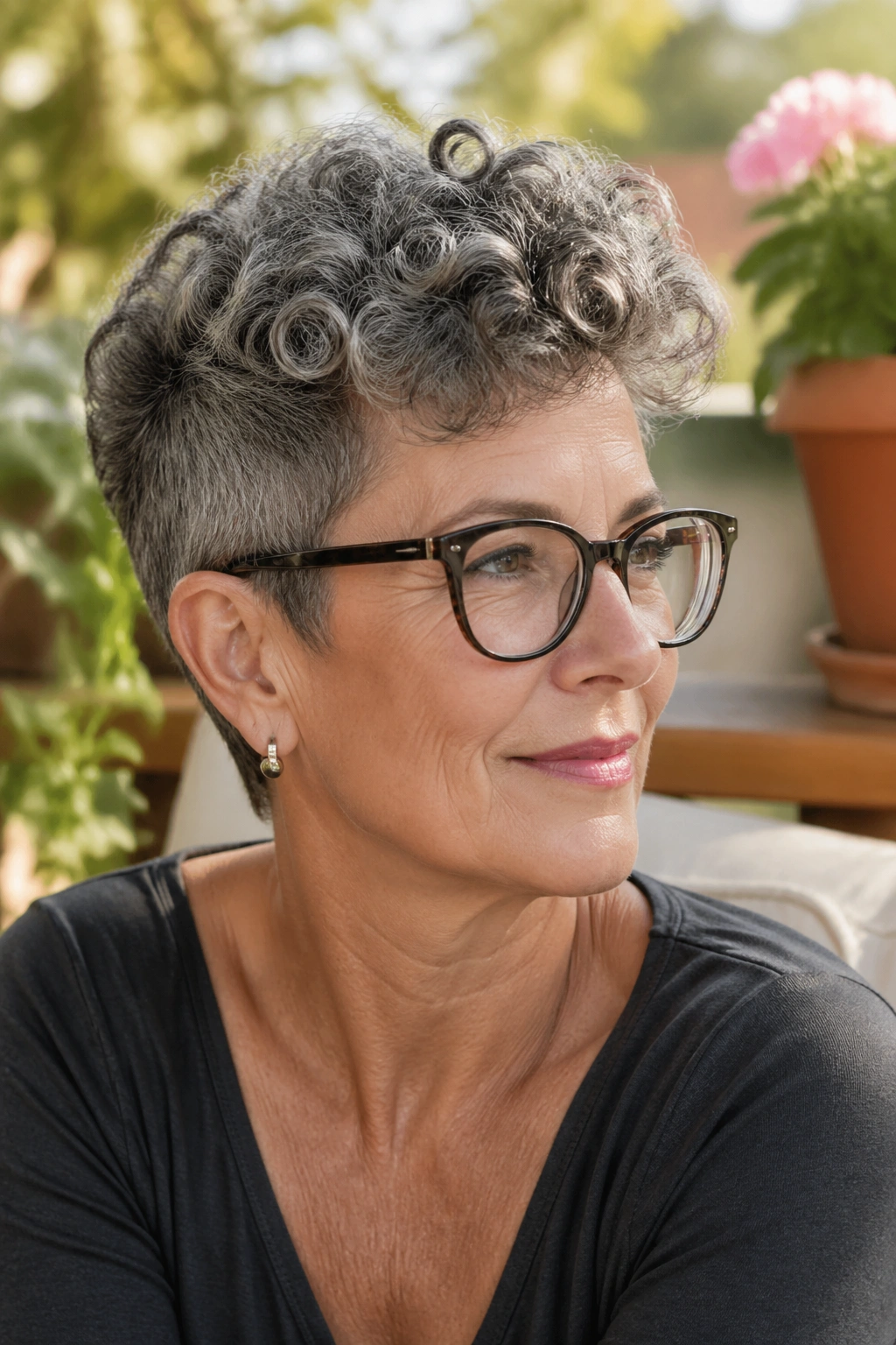 Portrait of an older woman with curly pixie that breathes