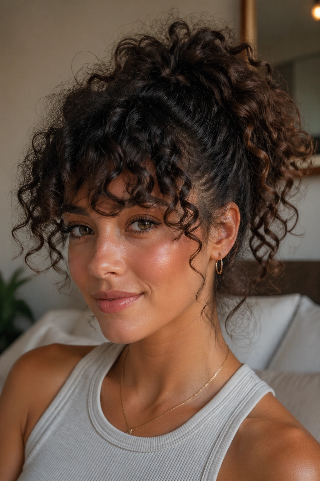 Close-up of a real woman with high curly ponytail and full fringe in natural light