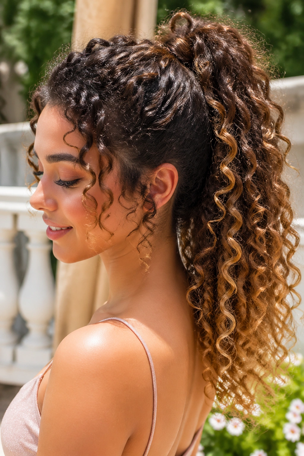 Curly ponytail with sunkissed ombré on a real woman.