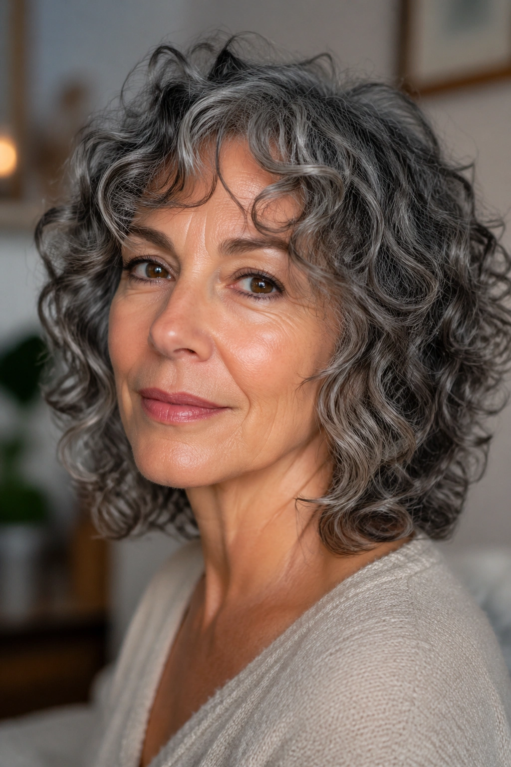 Close-up of a real woman with curly razor cut and soft perimeter.