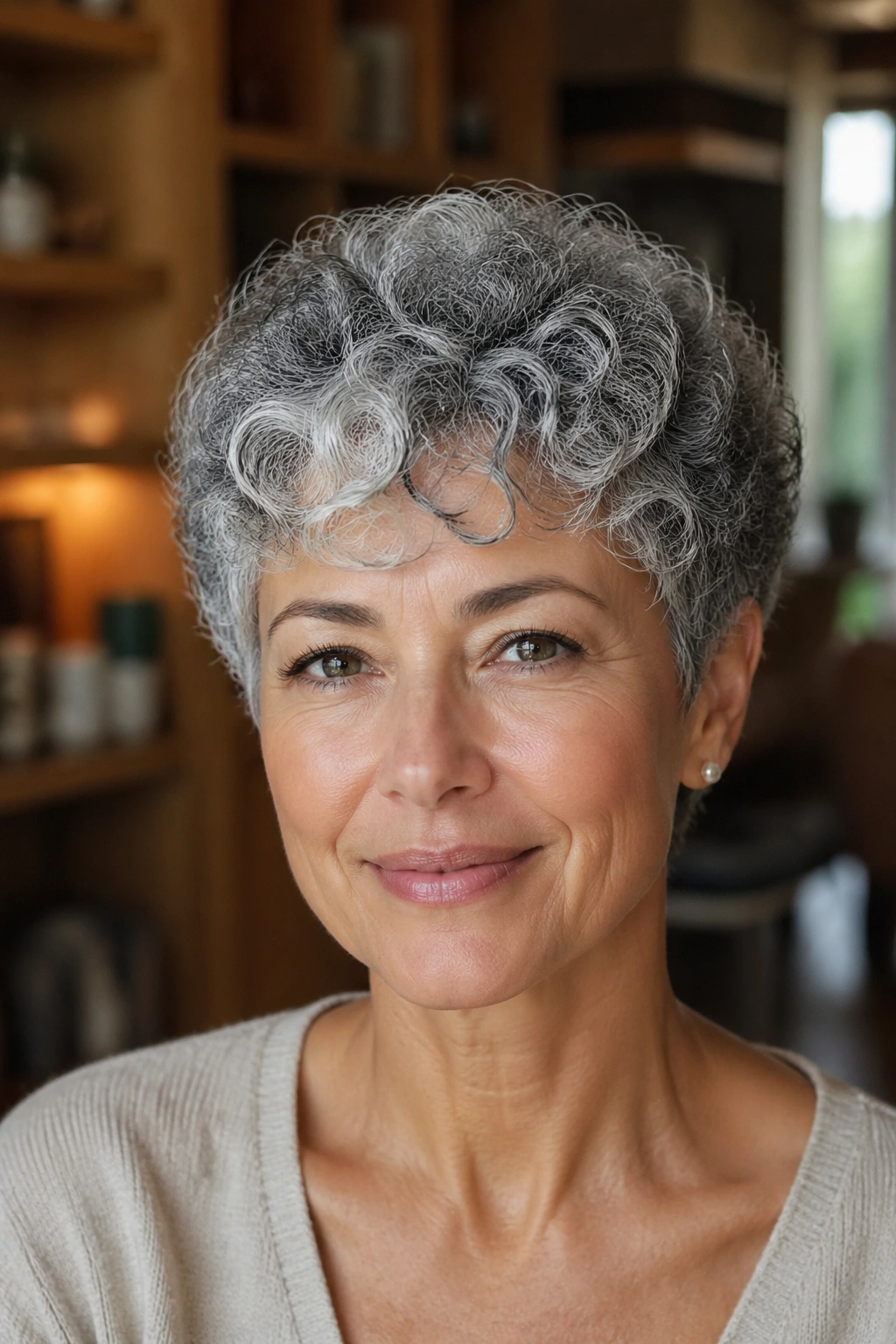Real woman with curly salt-and-pepper crop hairstyle.
